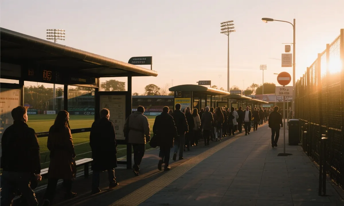 球场外公共交通站点与人流组织，世界杯比赛日通勤氛围图