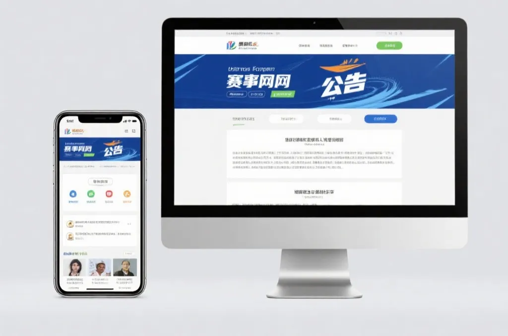 手机和电脑上并排显示赛事官网与公告页面，画面简洁清晰