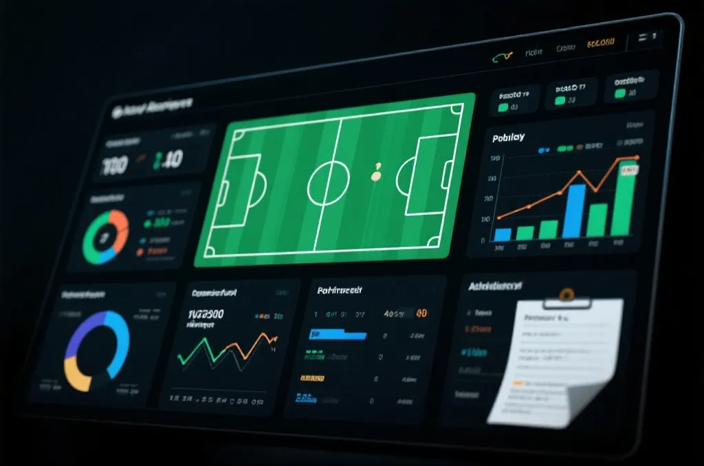 Abstract sports analytics dashboard showing match statistics, probability charts, and tactical notes